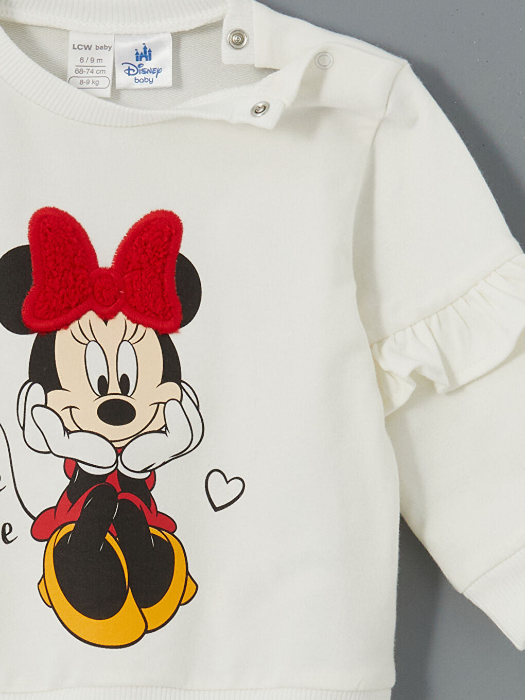 LCW baby Ekru Bisiklet Yaka Kısa Kollu Minnie Mouse Baskılı Kız Bebek Sweatshirt ve Tayt 2'li Takım - 5