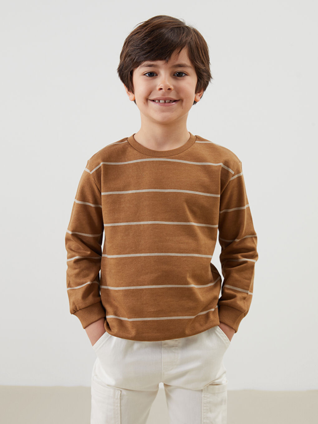 LCW Kids Kahverengi Bisiklet Yaka Uzun Kollu Çizgili Erkek Bebek Sweatshirt
