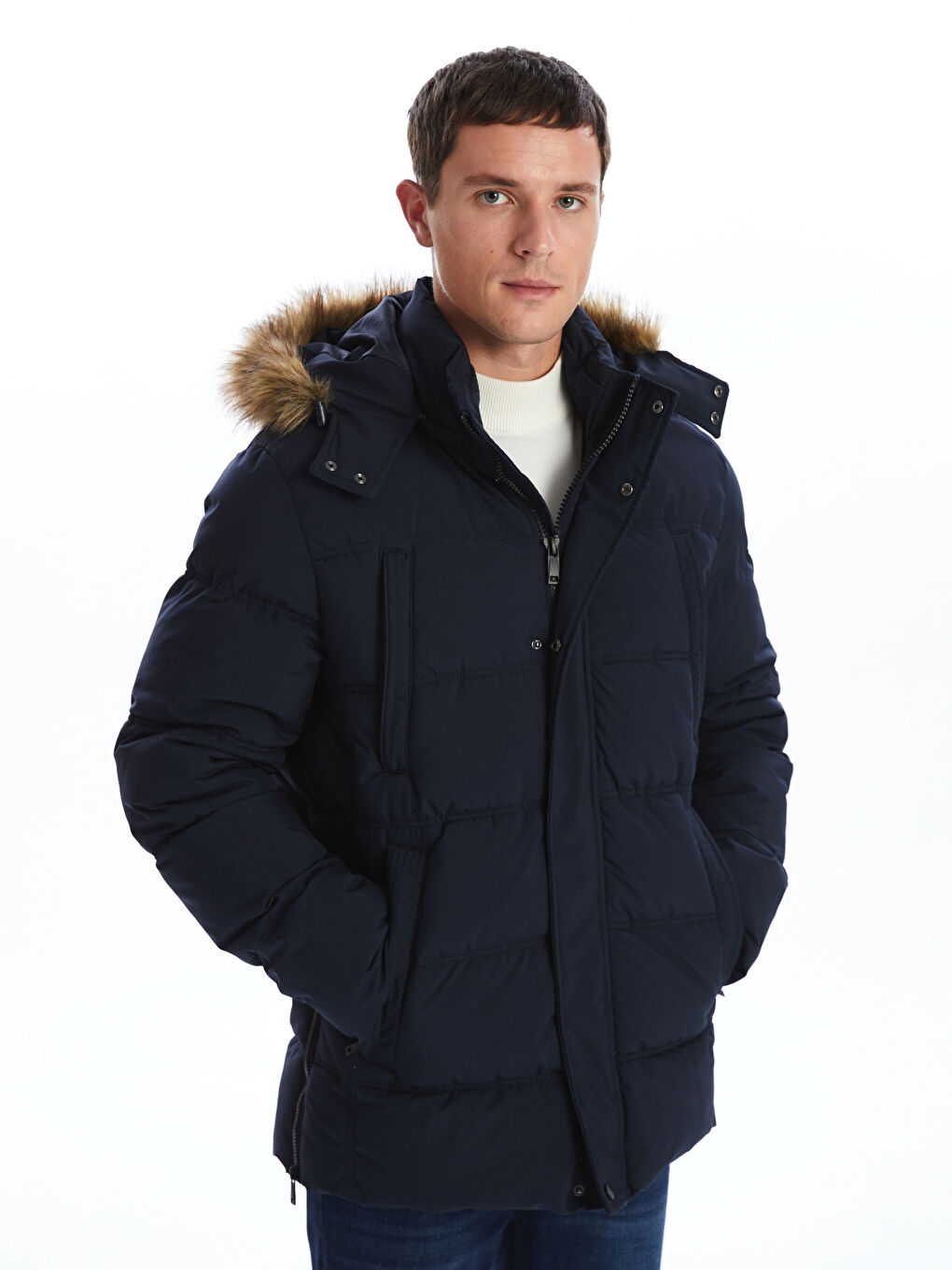 Ерлерге арналған стандартты пішім капюшонды пуховик пальто