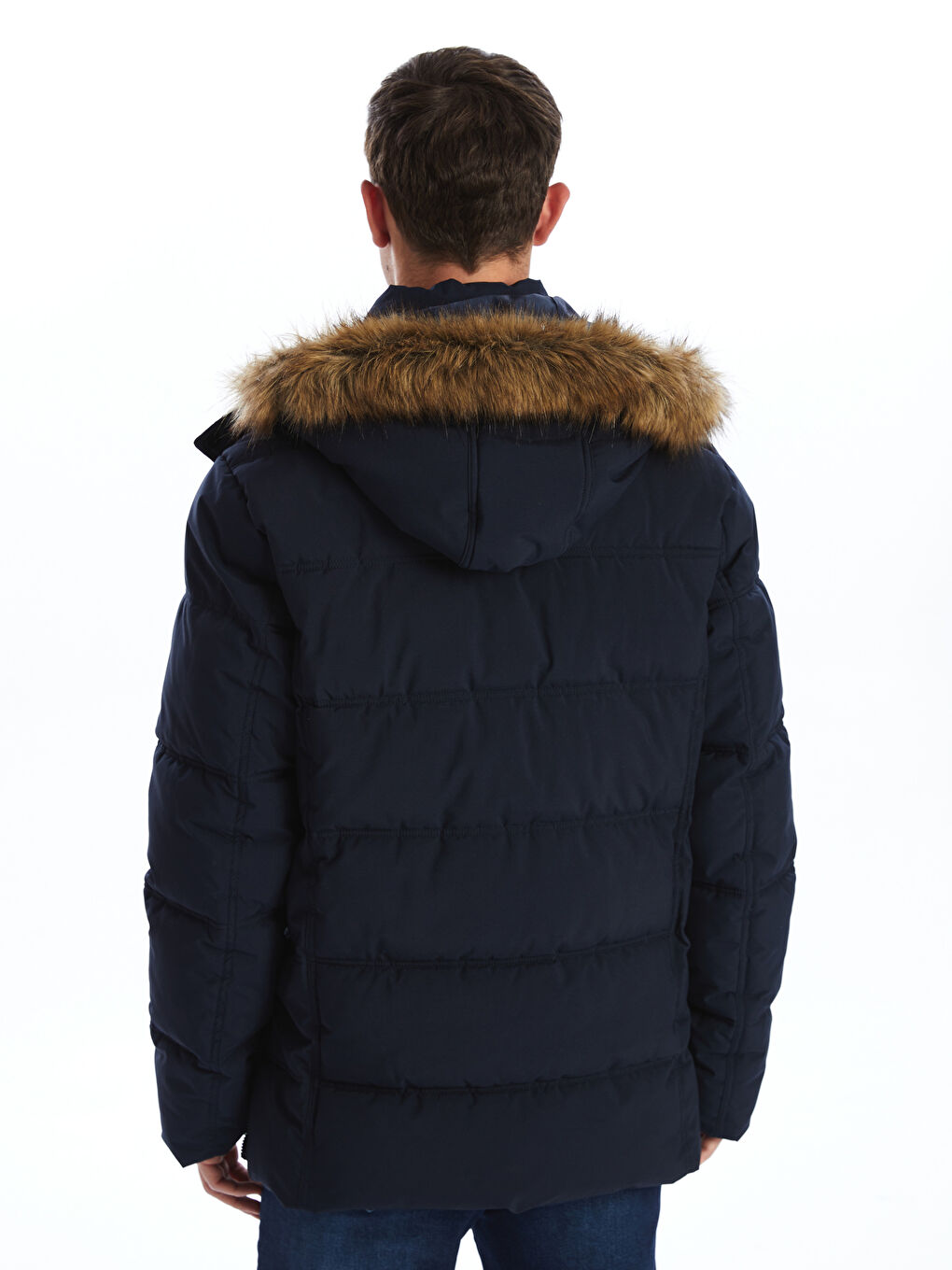 Ерлерге арналған стандартты пішім капюшонды пуховик пальто-5