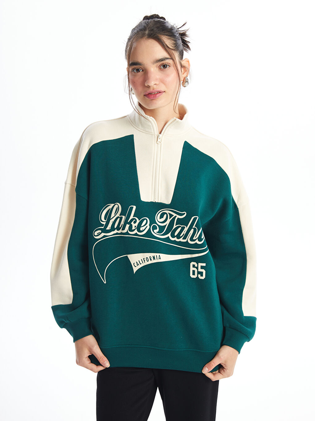 Funnel Neck Printed Oversize Women's Thick Sweatshirt