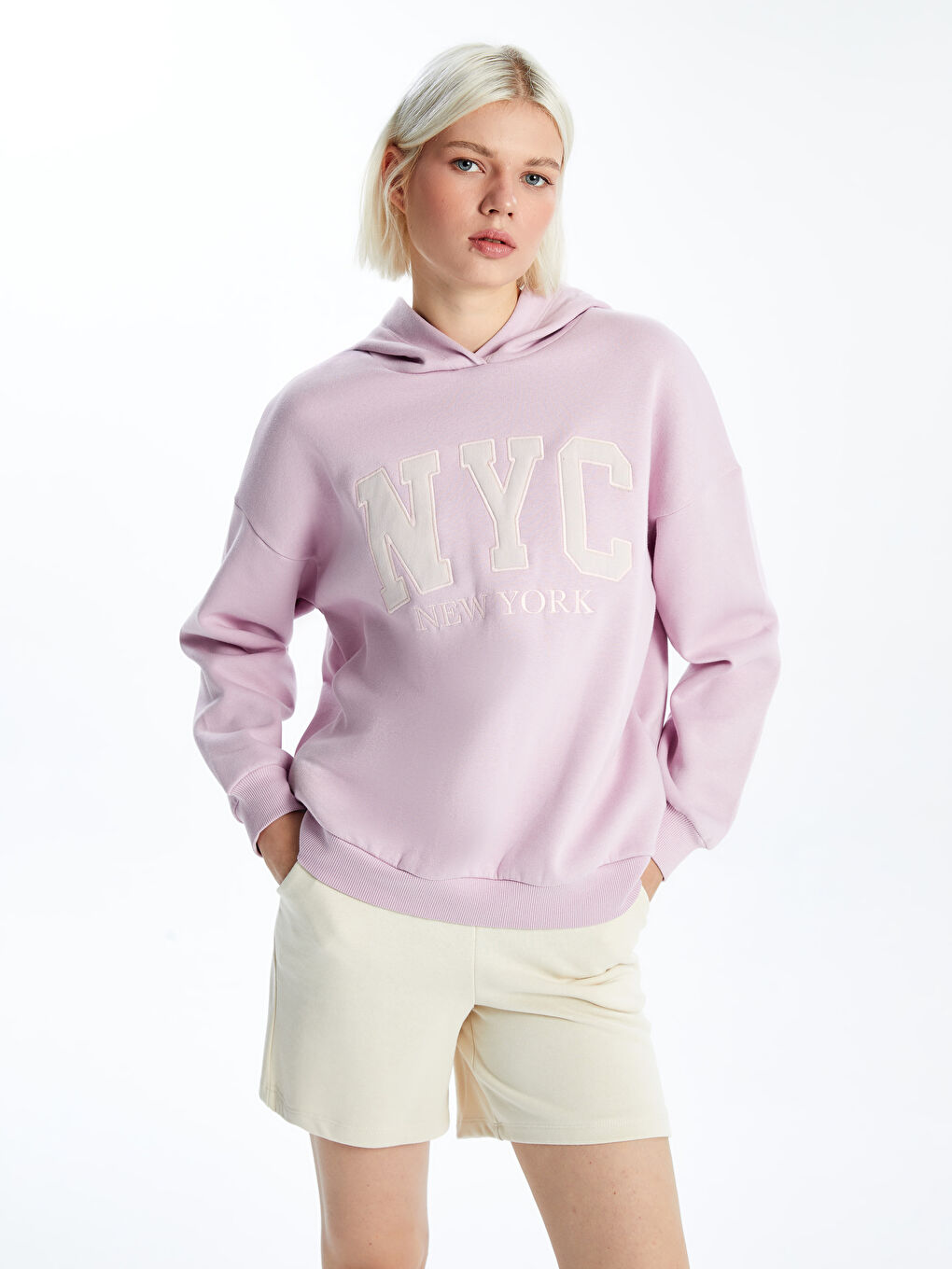 XSIDE Pembe Nakışlı Oversize Kadın Kalın Hoodie