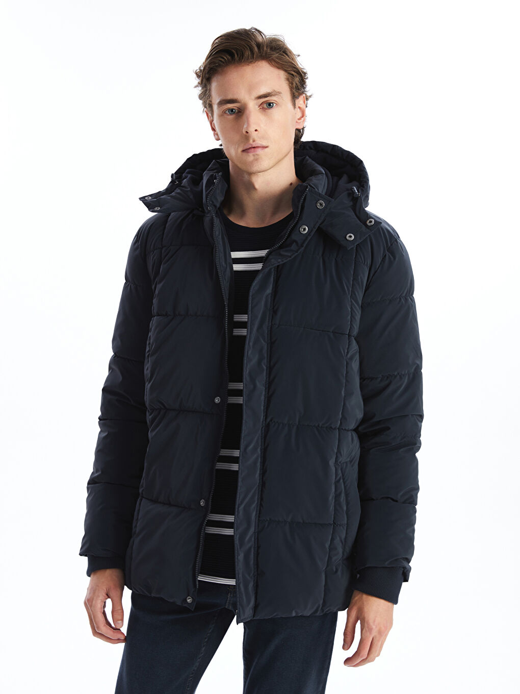 Lacivert Kapüşonlu Erkek Deri Görünümlü Kaban