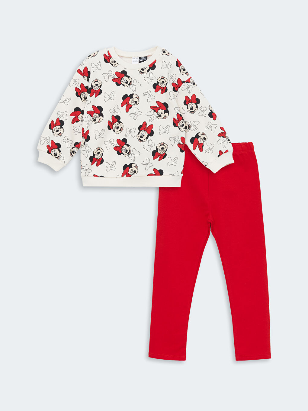 LCW Kids Ekru Bisiklet Yaka Minnie Mouse Baskılı Kız Çocuk Sweatshirt ve Tayt 2'li Takım