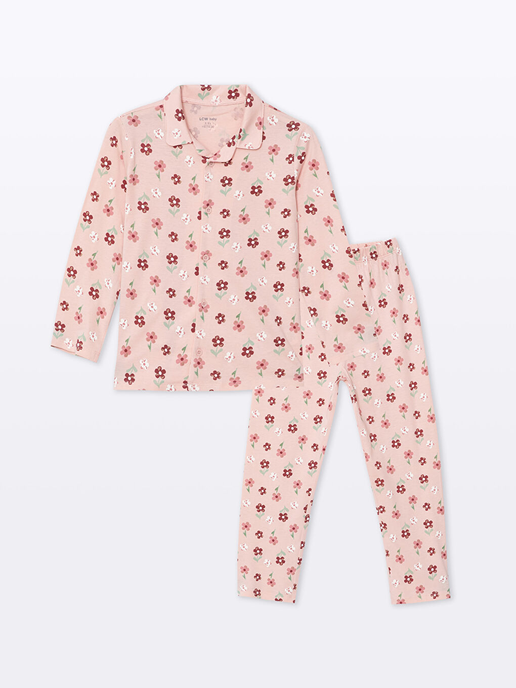 LCW baby Pembe Baskılı Polo Yaka Uzun Kollu Baskılı Kız Bebek Pijama Takımı