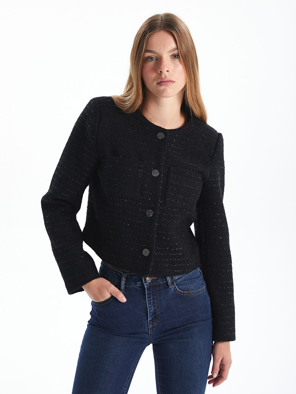 LCW Vision Crew Neck Textured Women's Tweed Jacket -W4DP95Z8-CVL