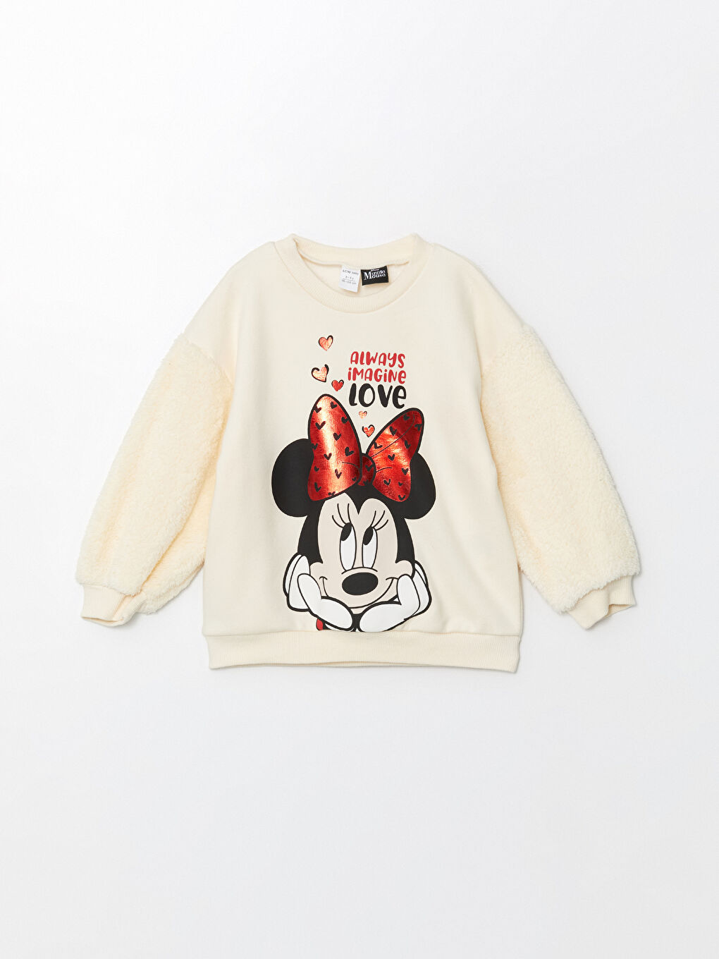 LCW Kids Krem Rengi Bisiklet Yaka Minnie Mouse Baskılı Kız Çocuk Sweatshirt