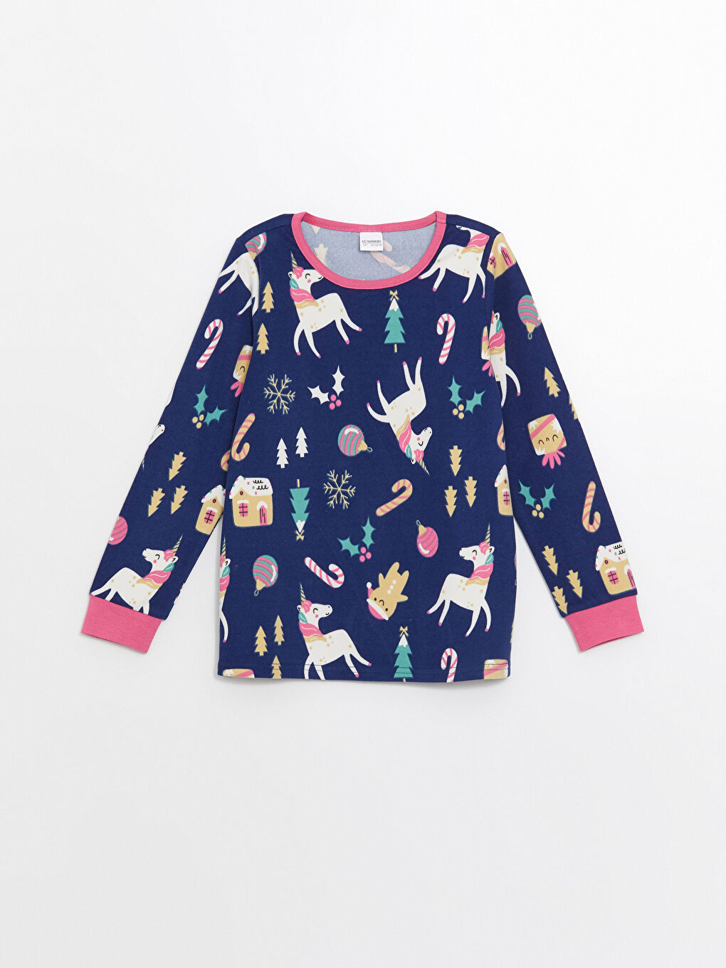 Lacivert Bisiklet Yaka Kız Çocuk Pijama Üst