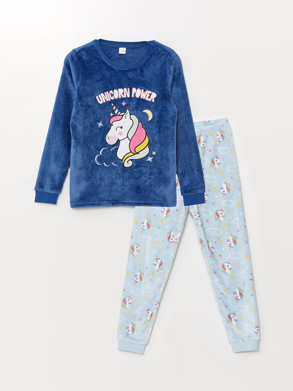 LCW Kids Mavi Bisiklet Yaka Pelüş Kız Çocuk Pijama Takımı