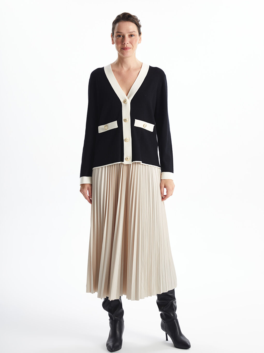 V-ს ფორმის დეკოლტე ქალებისთვის ტრიკოტაჟის კარდიგანი-1