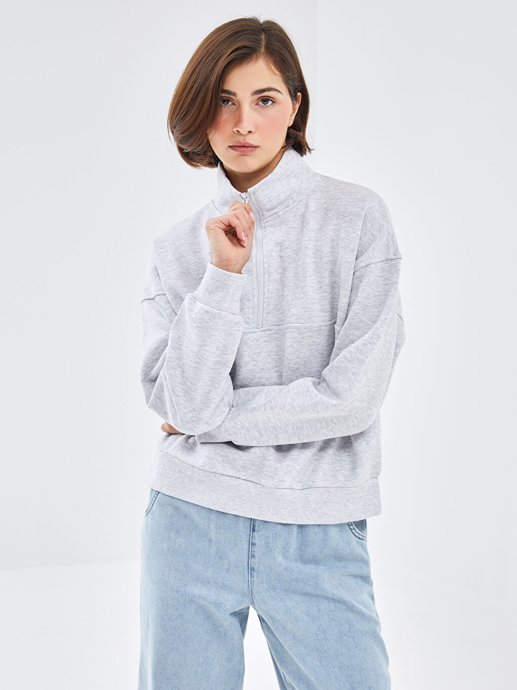 LCW Vision Gri Melanj Dik Yaka Oversize Kadın Kalın Sweatshirt