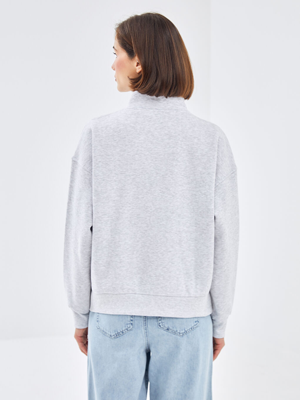 LCW Vision Gri Melanj Dik Yaka Oversize Kadın Kalın Sweatshirt - 3