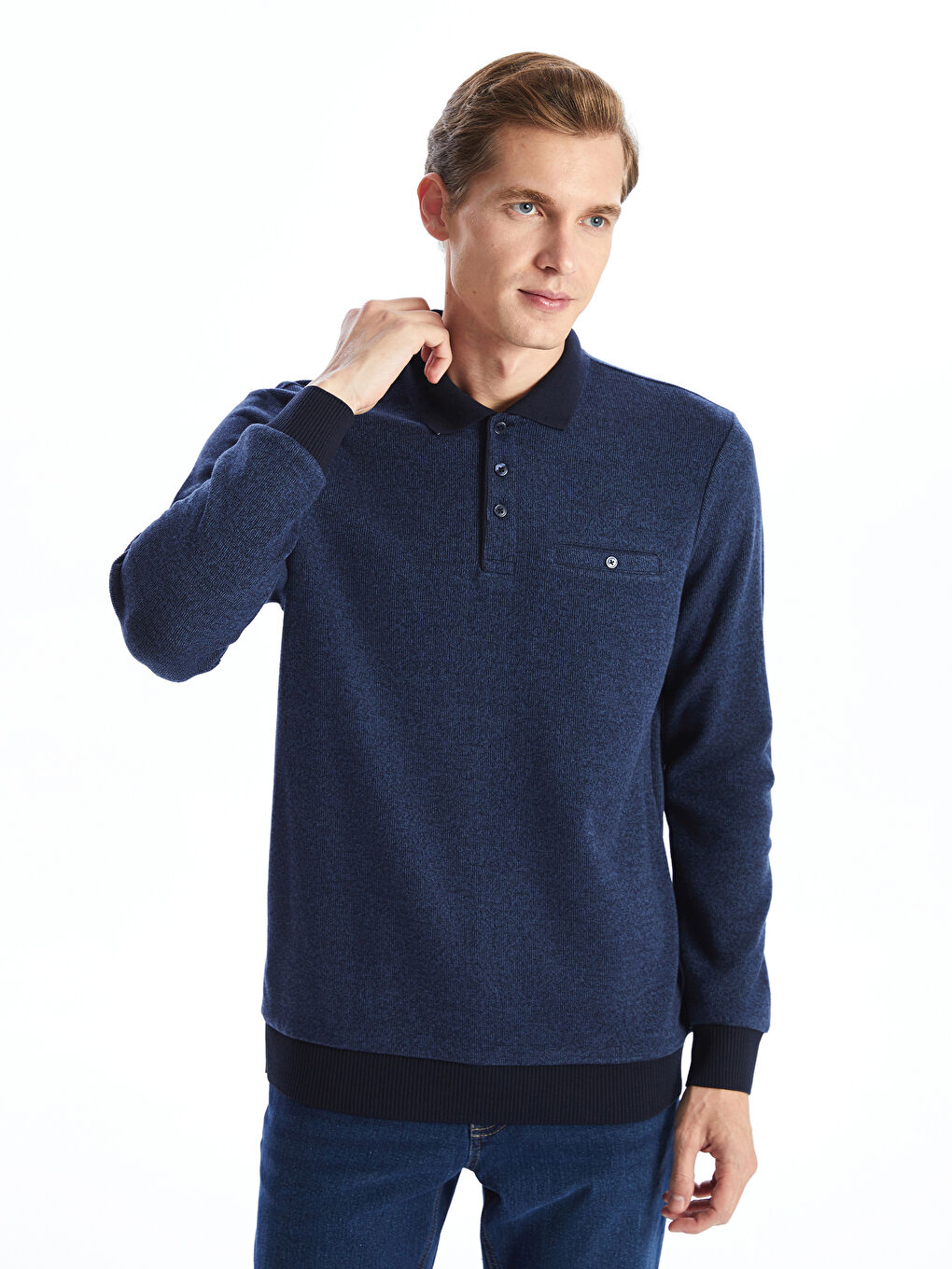 LCWAIKIKI Classic Yeni Lacivert Polo Yaka Uzun Kollu Erkek Sweatshirt