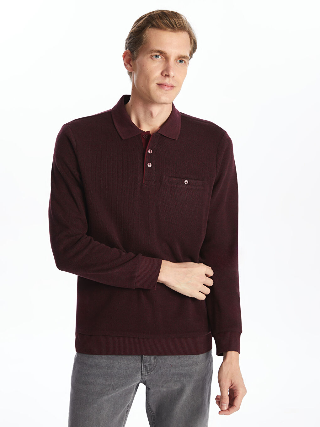 LCWAIKIKI Classic Bordo Polo Yaka Uzun Kollu Erkek Sweatshirt