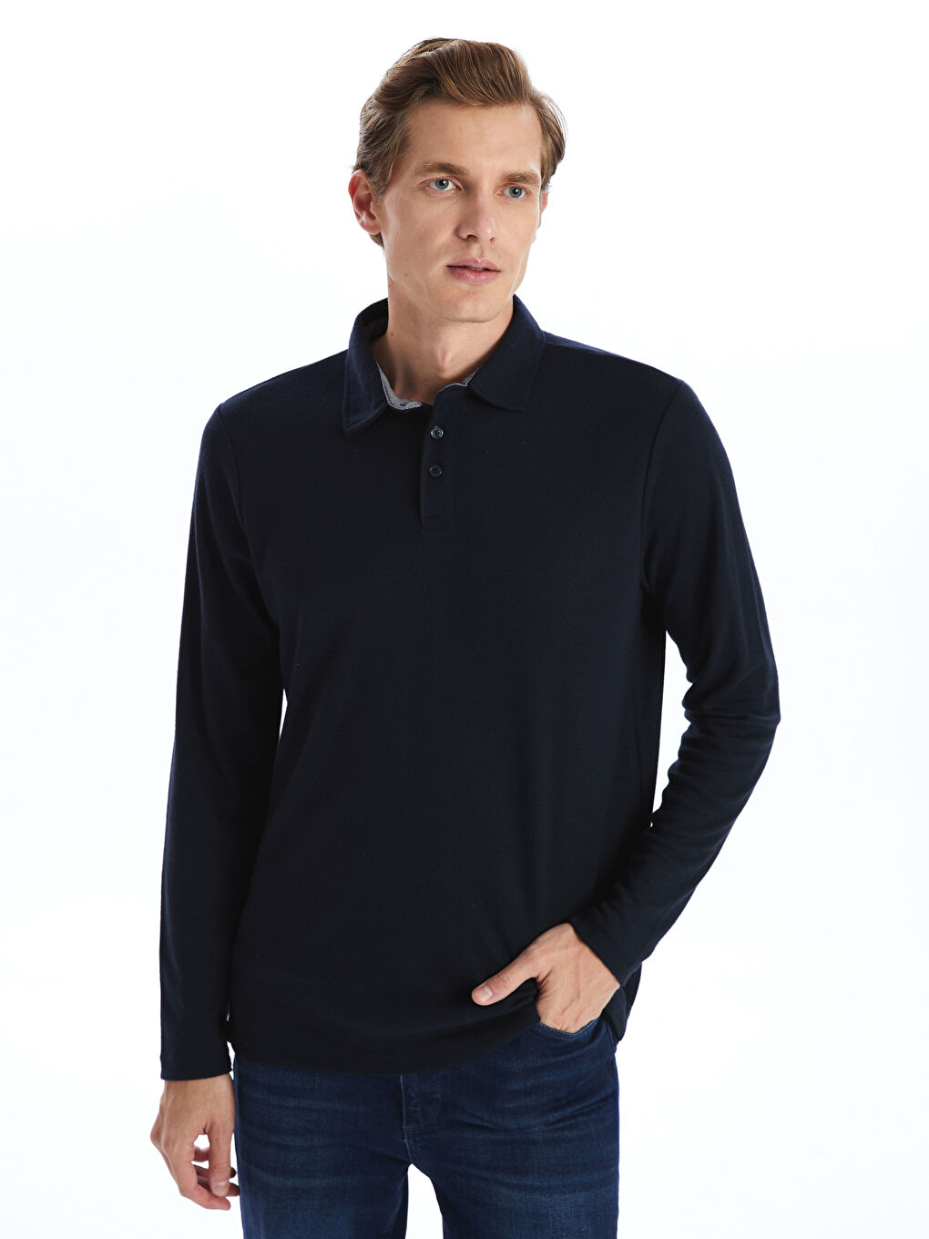 LCWAIKIKI Classic Lacivert Polo Yaka Uzun Kollu Erkek Sweatshirt