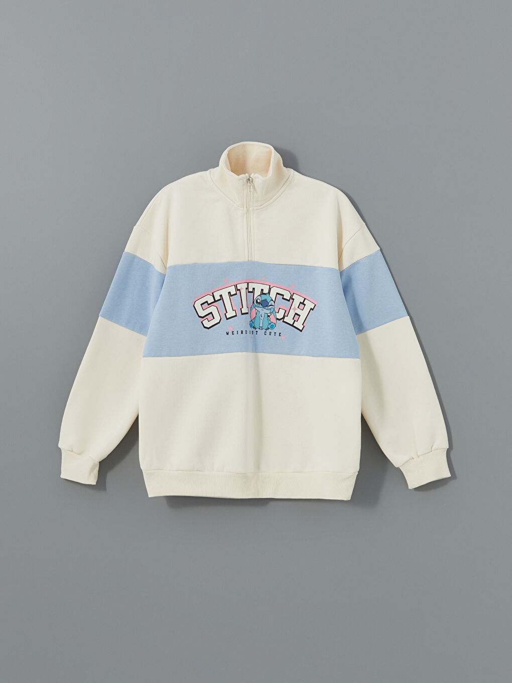 LCW Kids Ekru Stitch Baskılı Polar Kız Çocuk Fermuarlı Sweatshirt