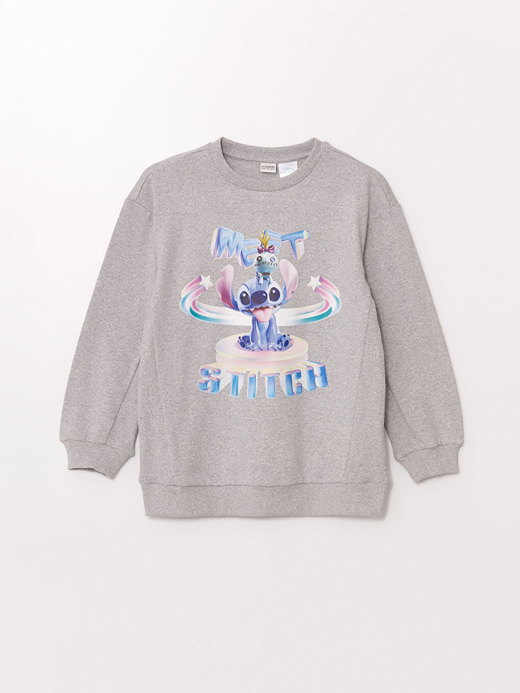 LCW Kids Açık Gri Bisiklet Yaka Stitch Baskılı Kız Çocuk Kalın Sweatshirt