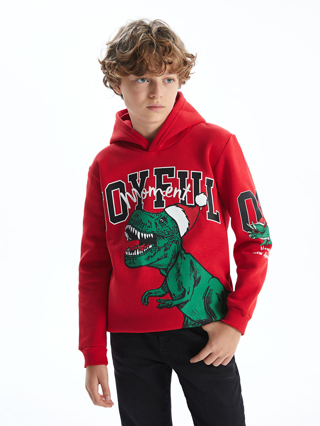 LCW Kids Kırmızı Kapüşonlu Yılbaşı Temalı Dinozor Baskılı Erkek Çocuk Kalın Sweatshirt