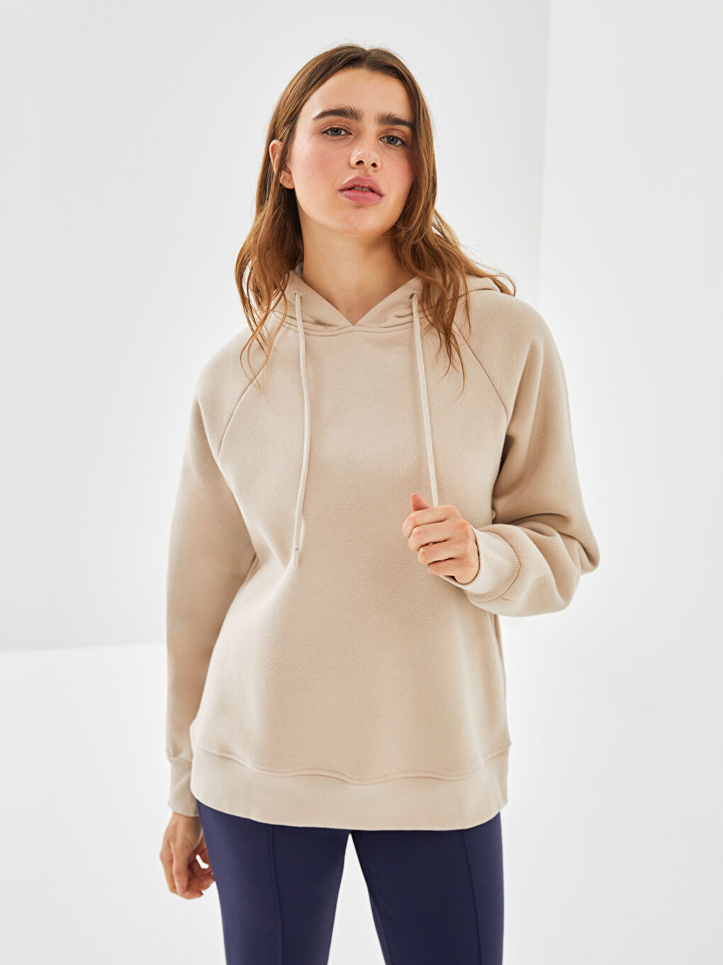 Gri Düz Uzun Kollu Kadın Kalın Hoodie