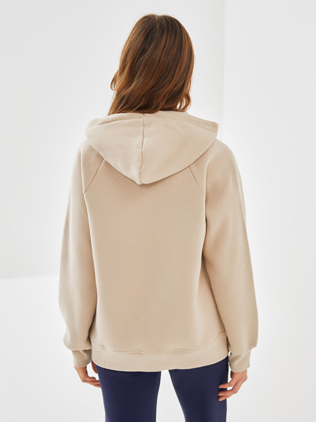 Gri Düz Uzun Kollu Kadın Kalın Hoodie-3