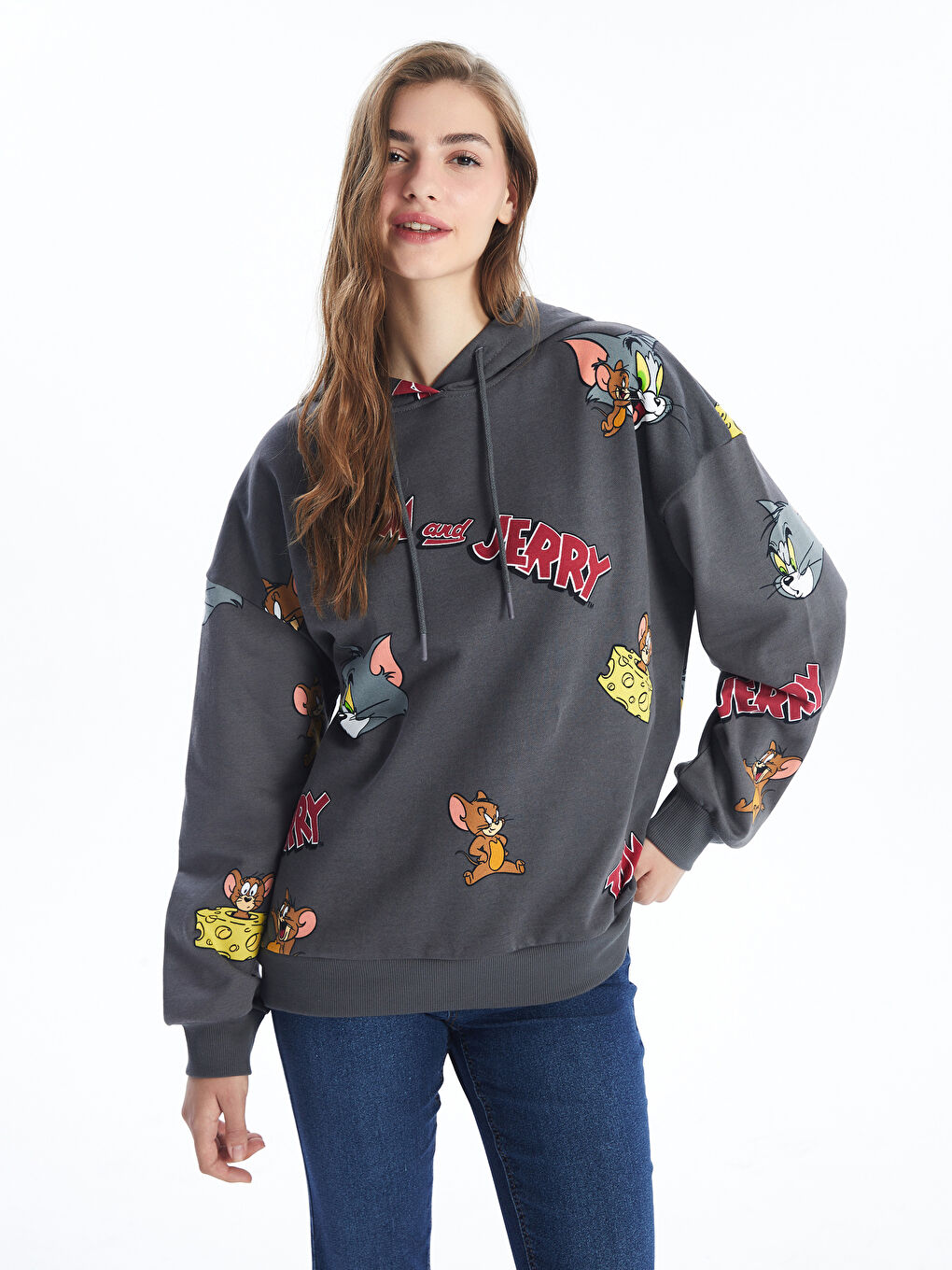 LCW ECO Koyu Gri Tom & Jerry Baskılı Oversize Kadın Hoodie