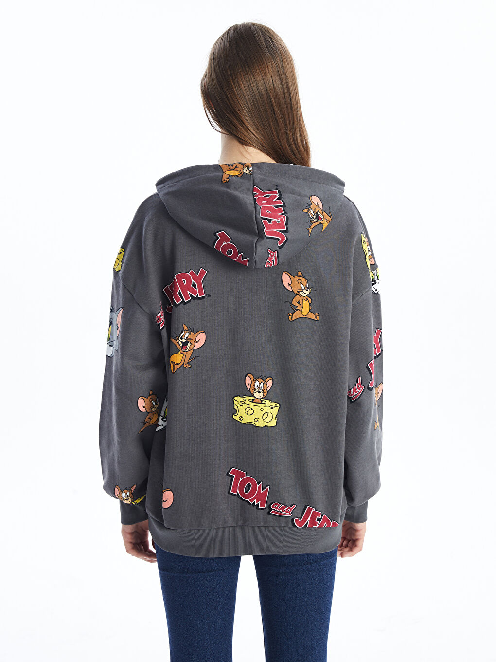 LCW ECO Koyu Gri Tom & Jerry Baskılı Oversize Kadın Hoodie - 4