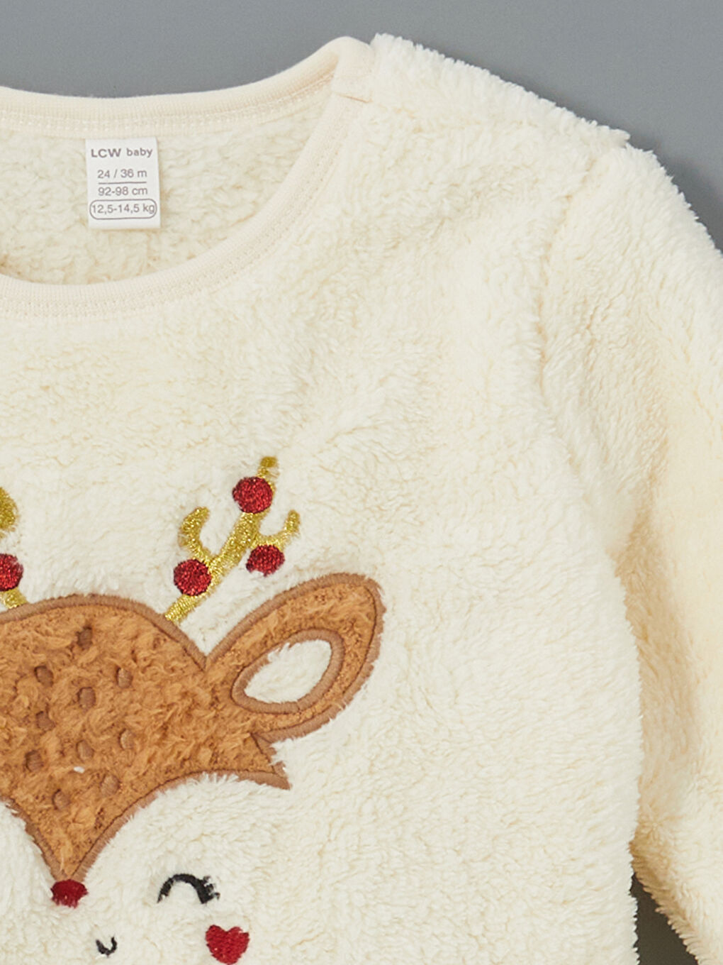 Bej Bisiklet Yaka Pelüş Kız Bebek Pijama Üst-2