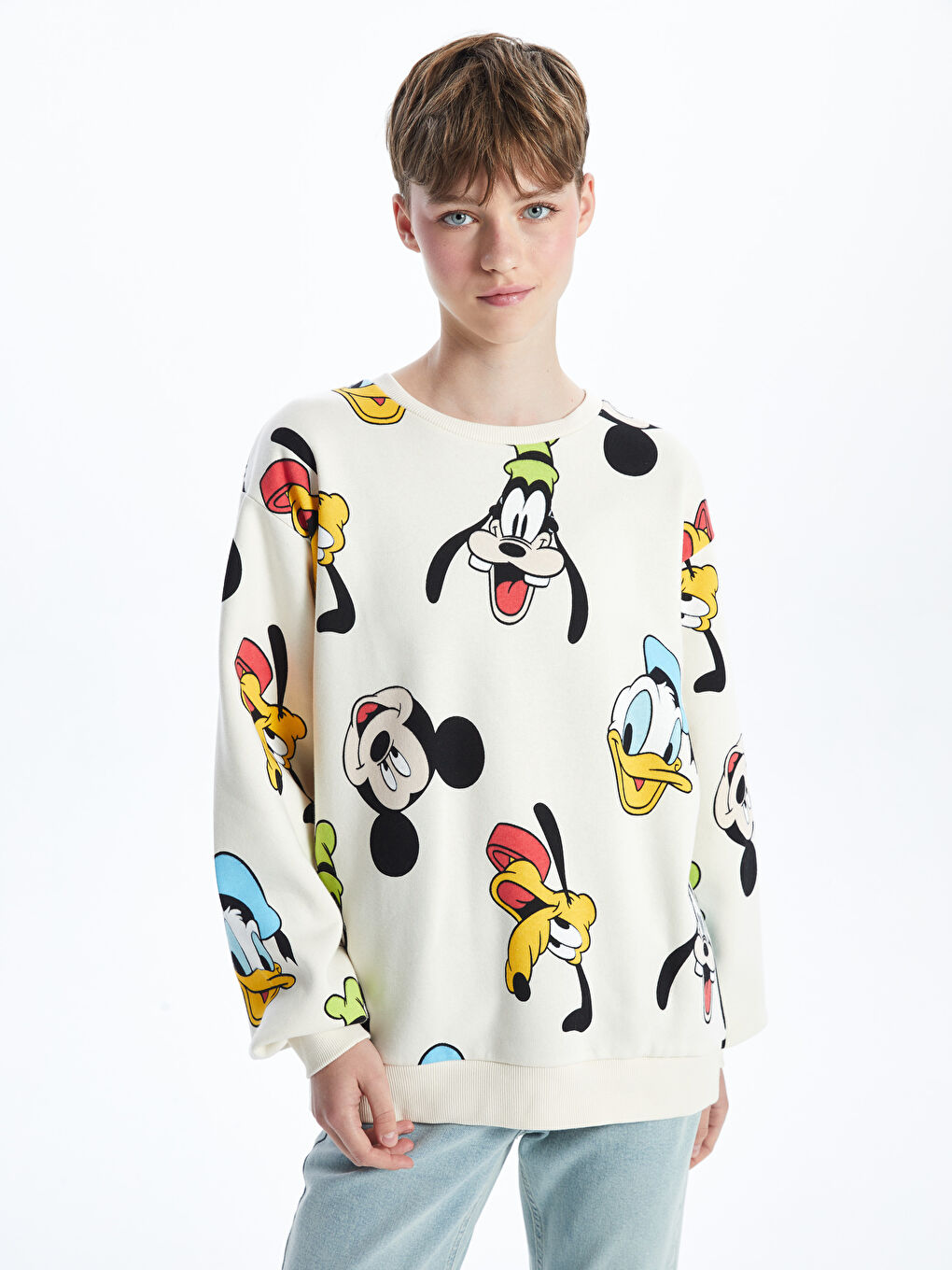 XSIDE Bej Bisiklet Yaka Mickey ve Arkadaşları Baskılı Oversize Kadın Kalın Sweatshirt