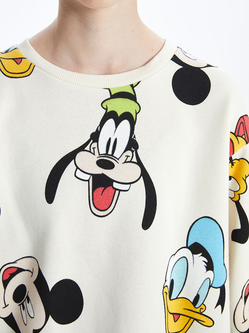 XSIDE Bej Bisiklet Yaka Mickey ve Arkadaşları Baskılı Oversize Kadın Kalın Sweatshirt - 2