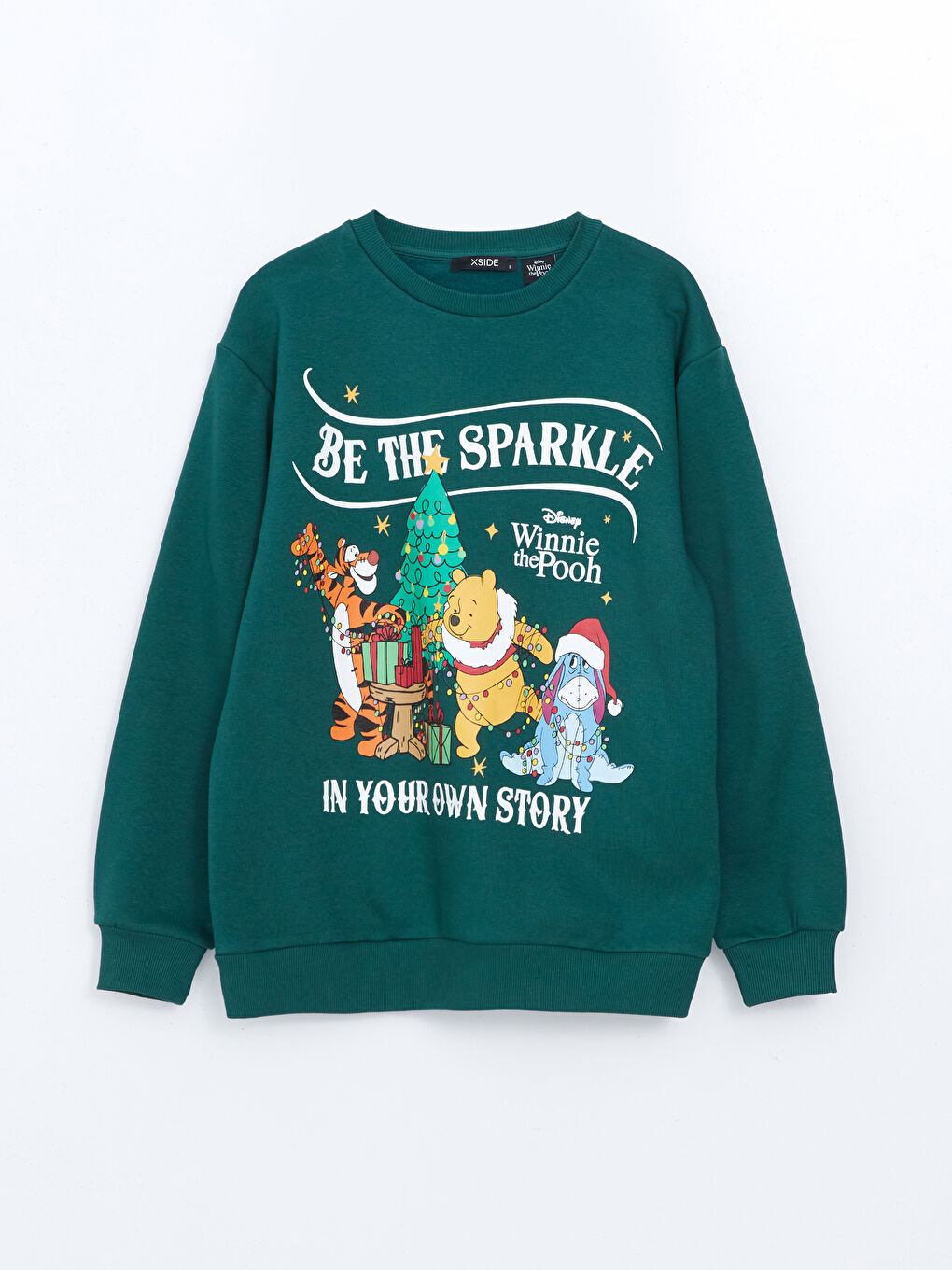 XSIDE Yeşil Bisiklet Yaka Winnie the Pooh Baskılı Oversize Kadın Kalın Sweatshirt