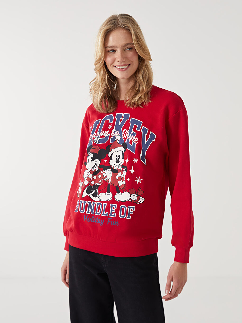 XSIDE Kırmızı Bisiklet Yaka Mickey ve Minnie Mouse Baskılı Oversize Kadın Kalın Sweatshirt