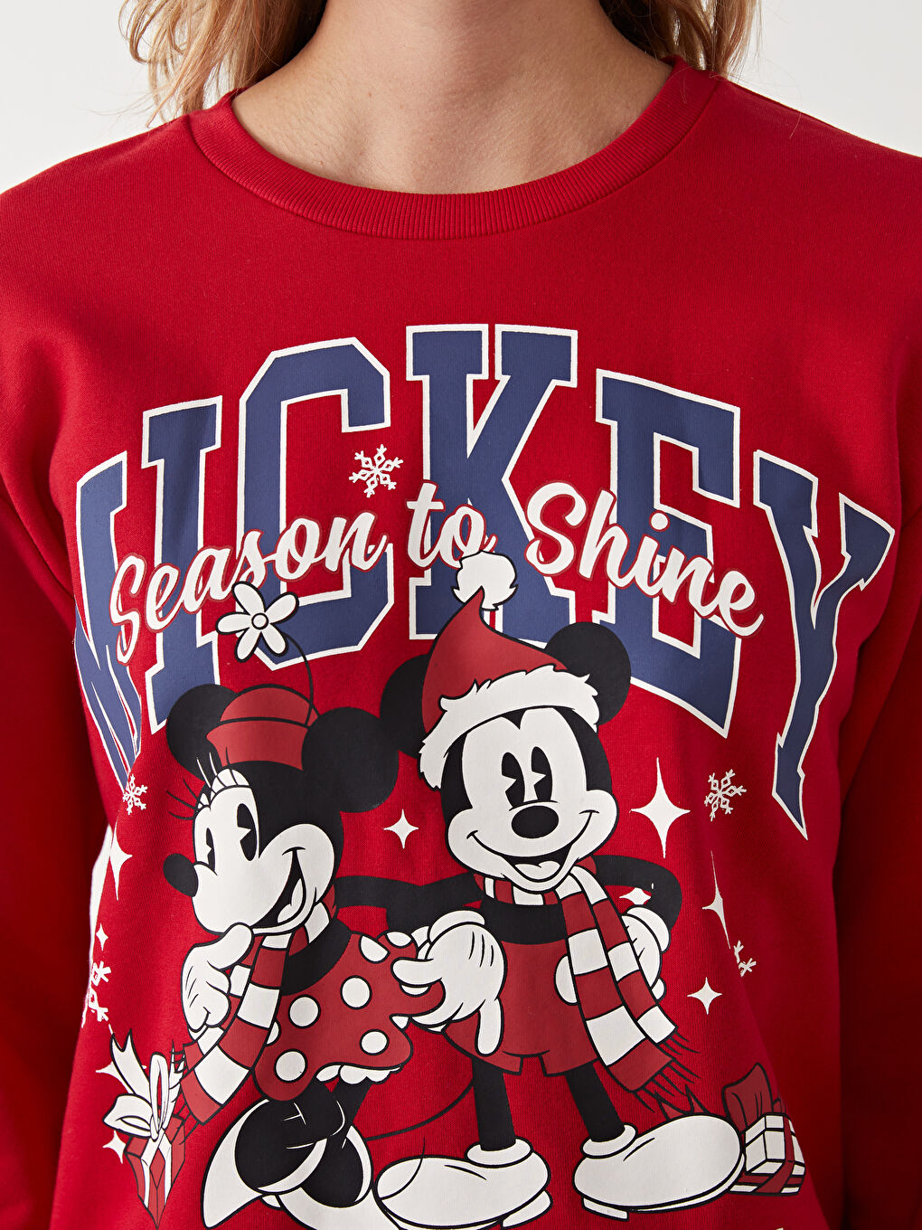 XSIDE Kırmızı Bisiklet Yaka Mickey ve Minnie Mouse Baskılı Oversize Kadın Kalın Sweatshirt - 2