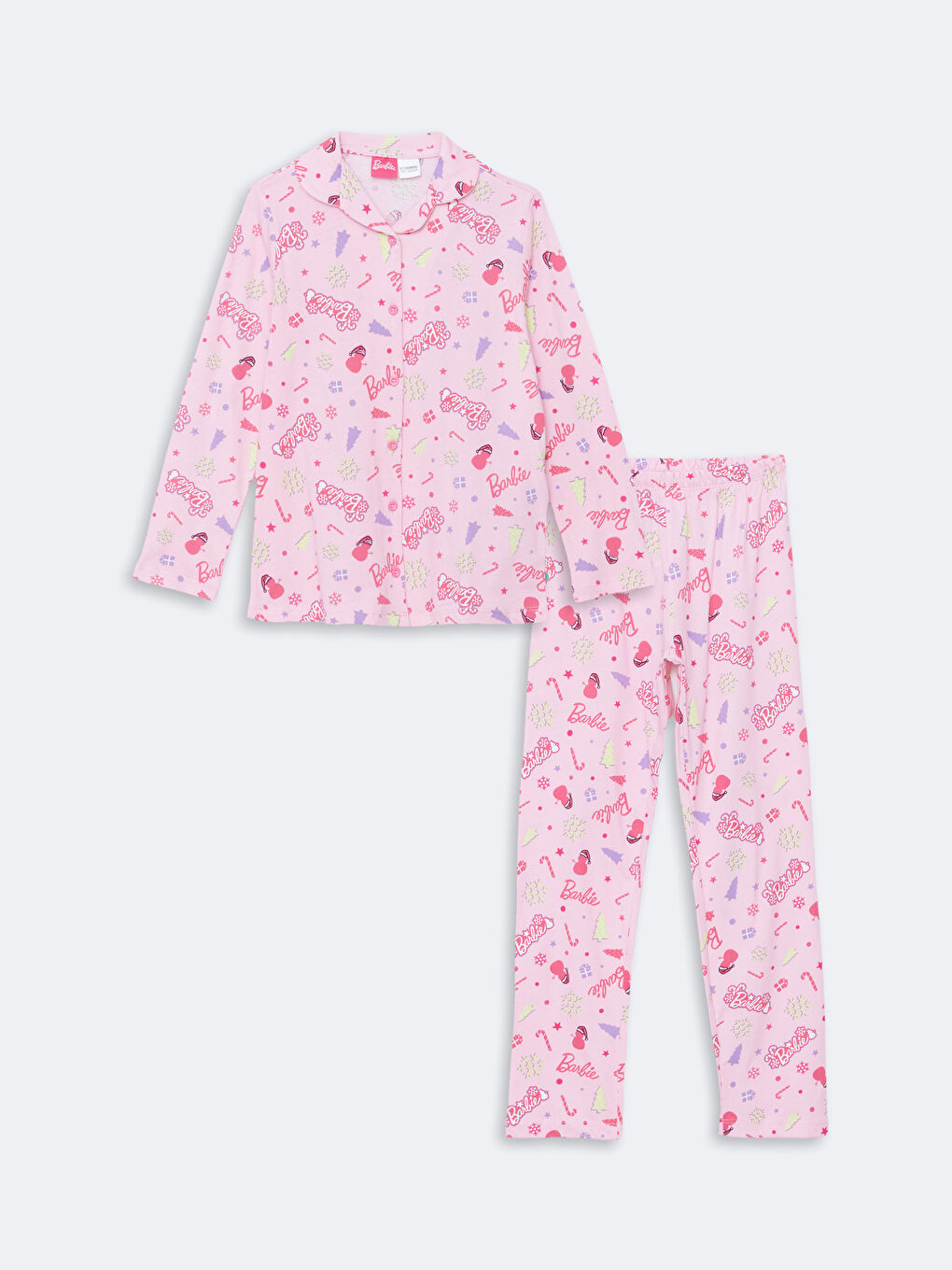 LCW Kids Pembe Gömlek Yaka Barbie Baskılı Kız Çocuk Pijama Takımı