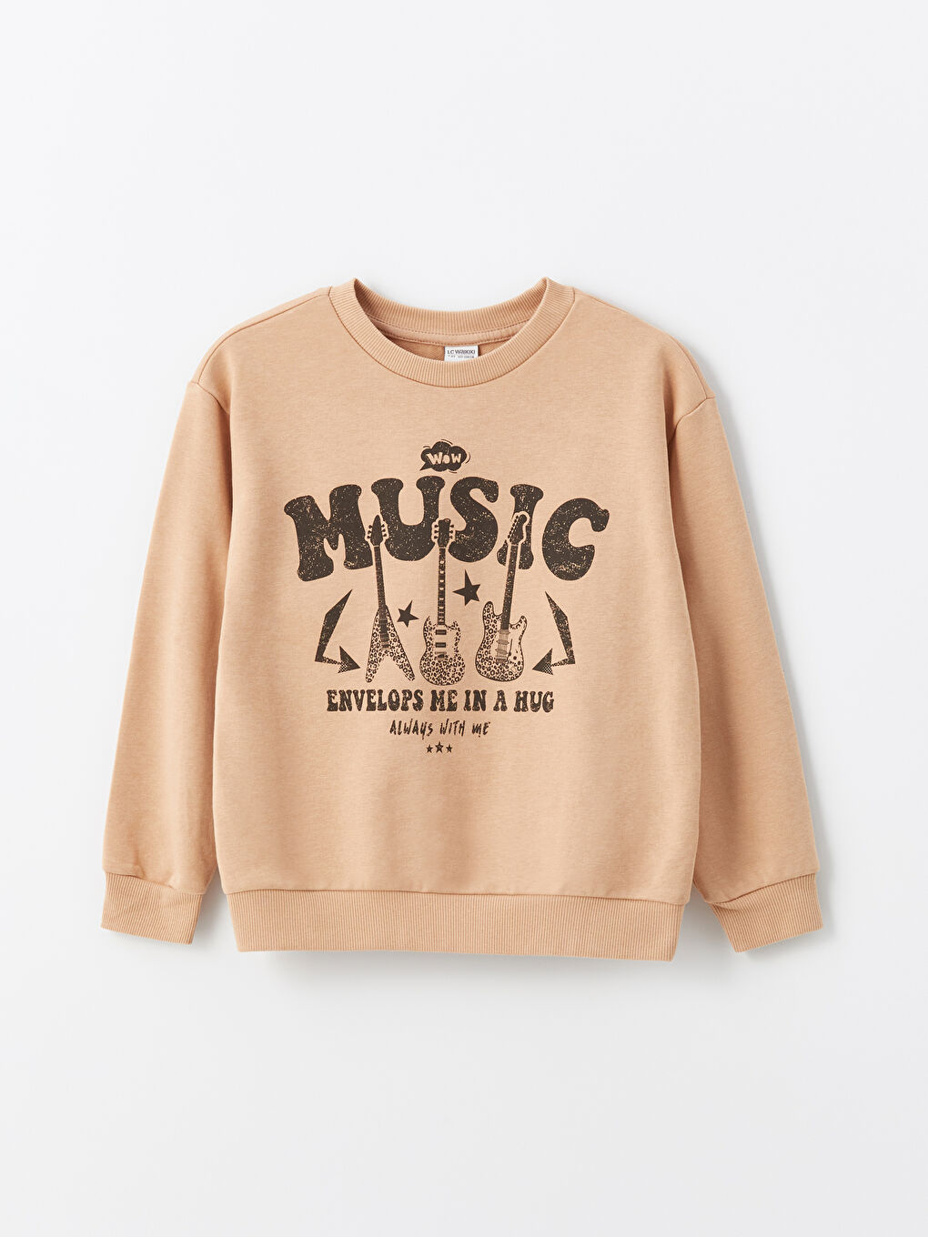 LCW ECO Bej Bisiklet Yaka Baskılı Uzun Kollu Kız Çocuk Sweatshirt