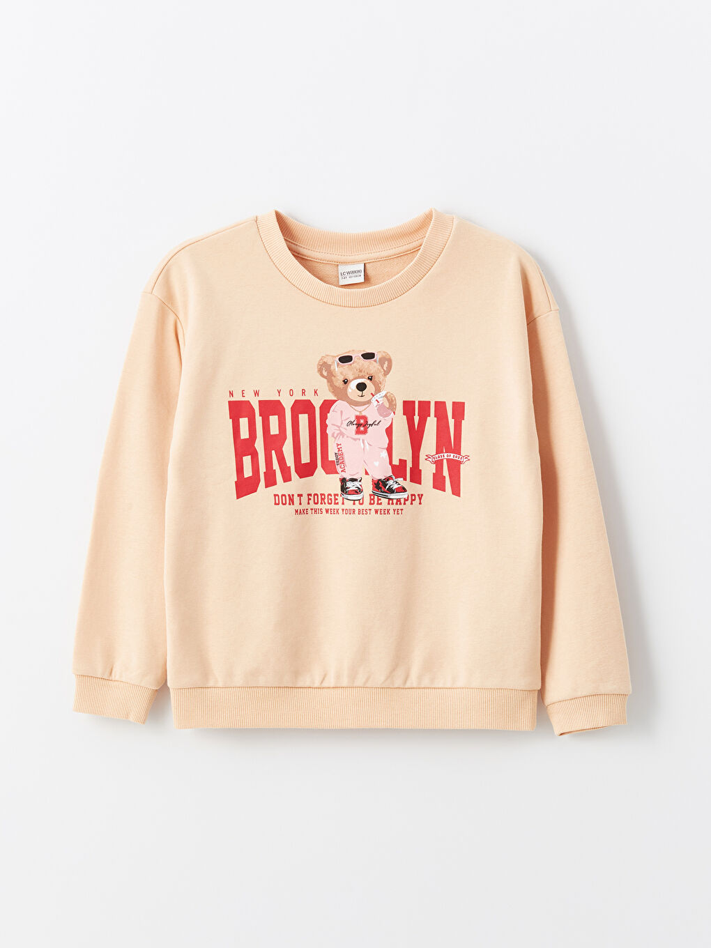 Crew Neck Teddy Bear Printed Girls' Sweatshirt