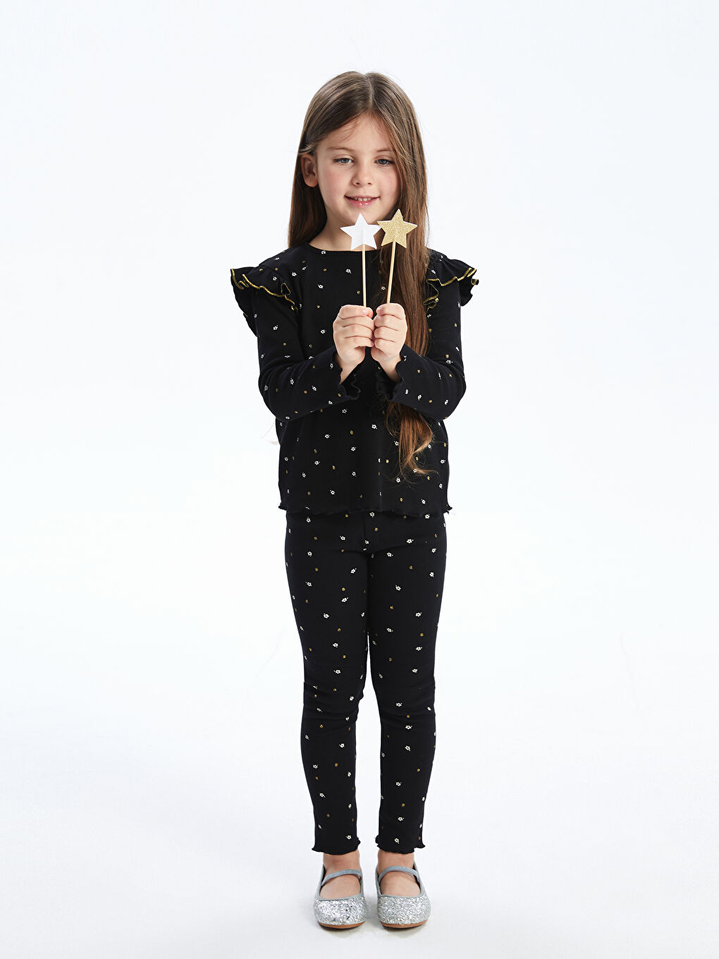 Crew Neck Printed Girls' Blouse and Leggings 2 Pack Set