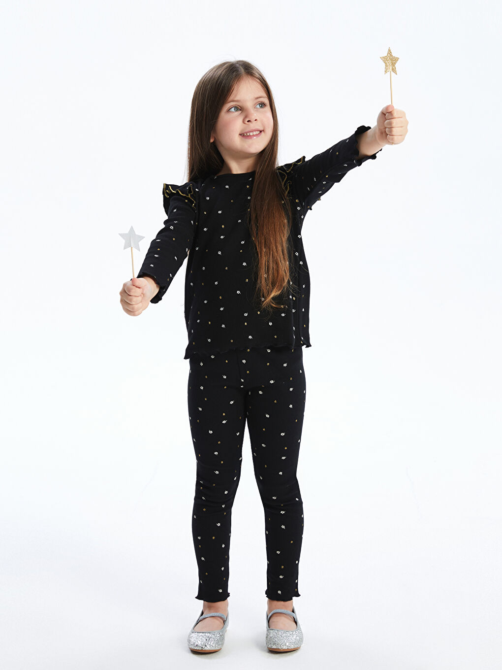 Crew Neck Printed Girls' Blouse and Leggings 2 Pack Set-1