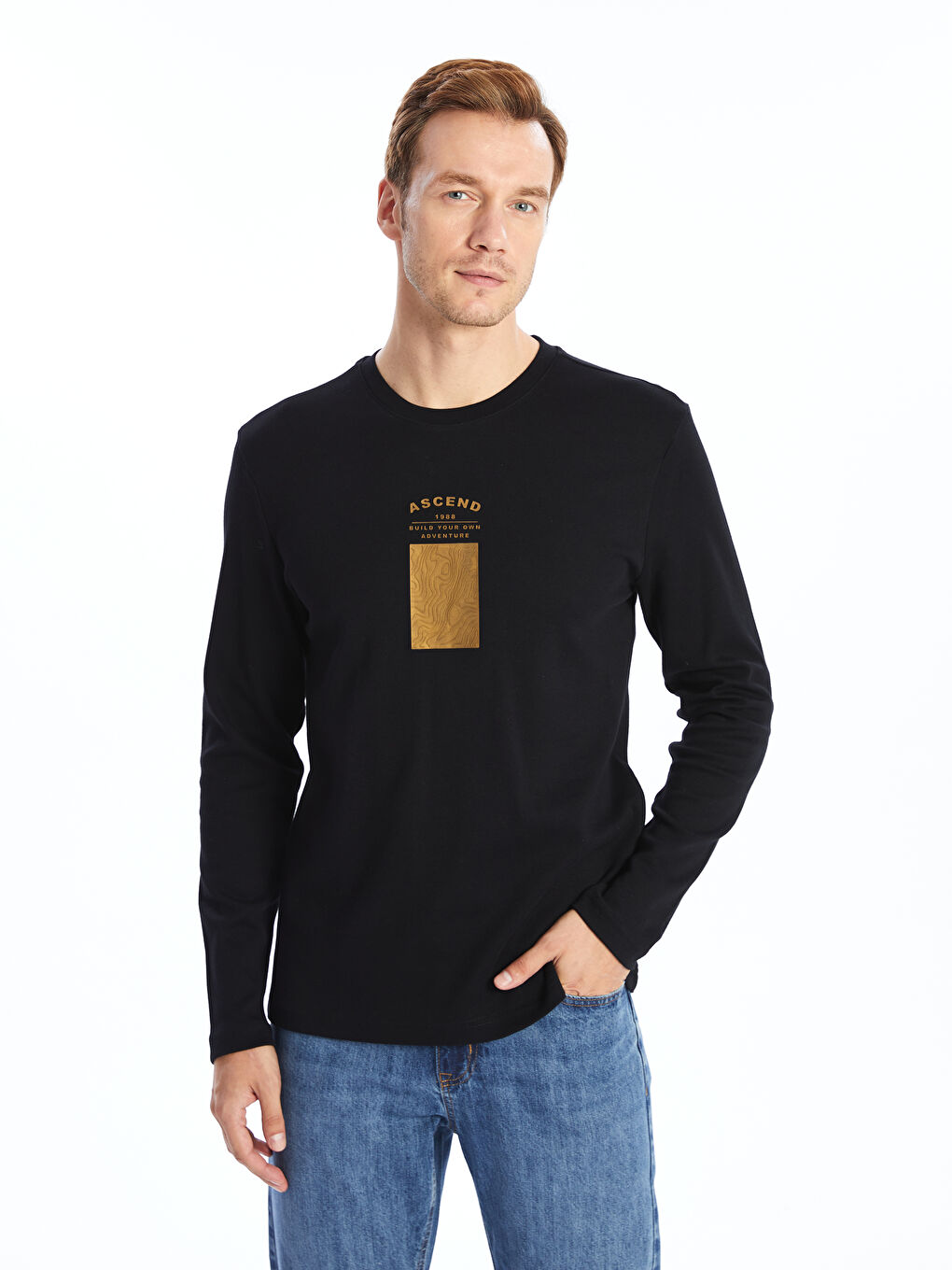 LCWAIKIKI Classic Yeni Siyah Bisiklet Yaka Uzun Kollu Baskılı Erkek Sweatshirt