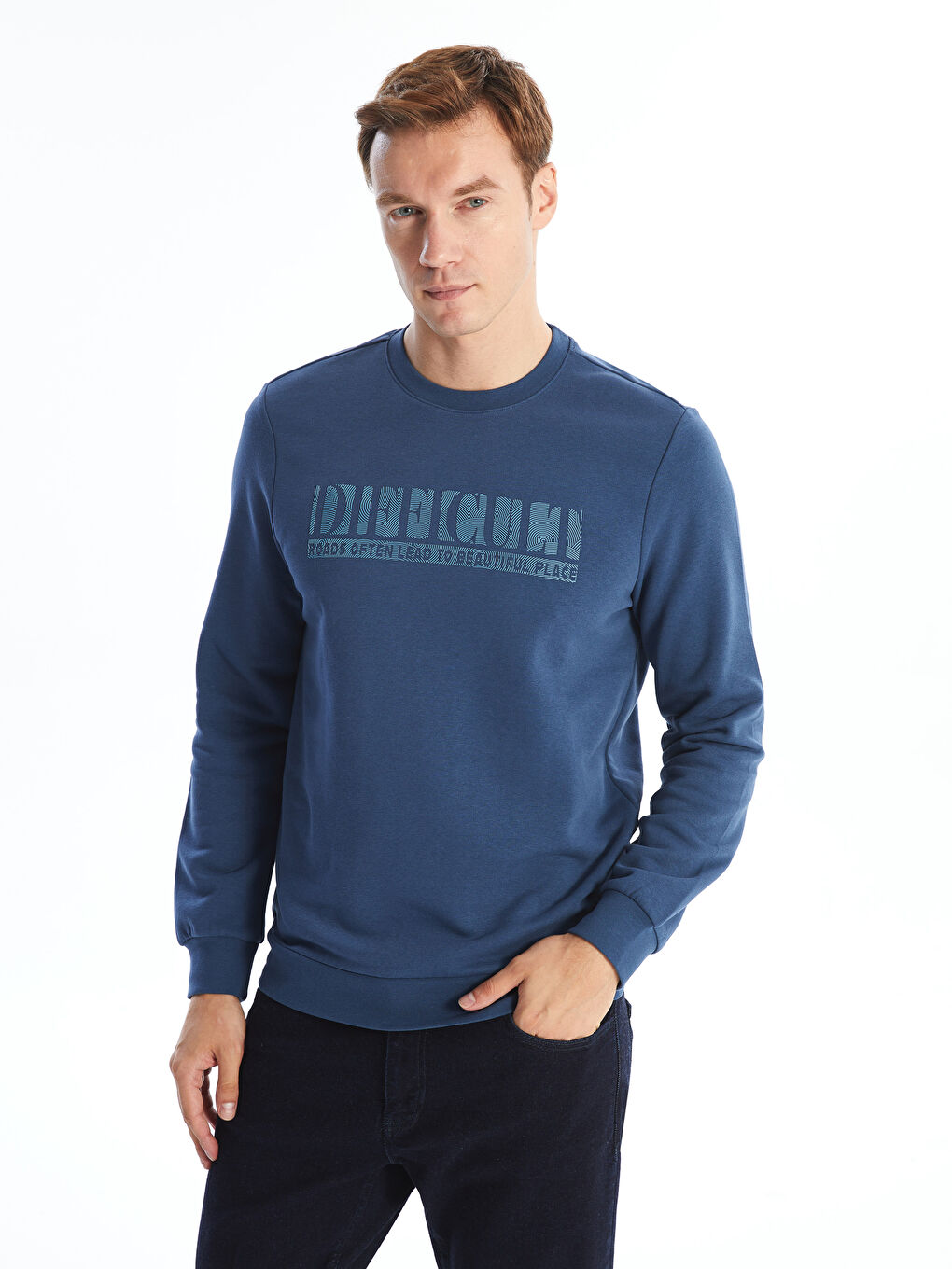 LCWAIKIKI Classic Açık Lacivert Bisiklet Yaka Uzun Kollu Baskılı Erkek Sweatshirt