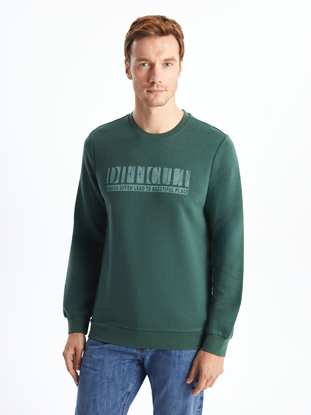 LCWAIKIKI Classic Orta Yeşil Bisiklet Yaka Uzun Kollu Baskılı Erkek Sweatshirt