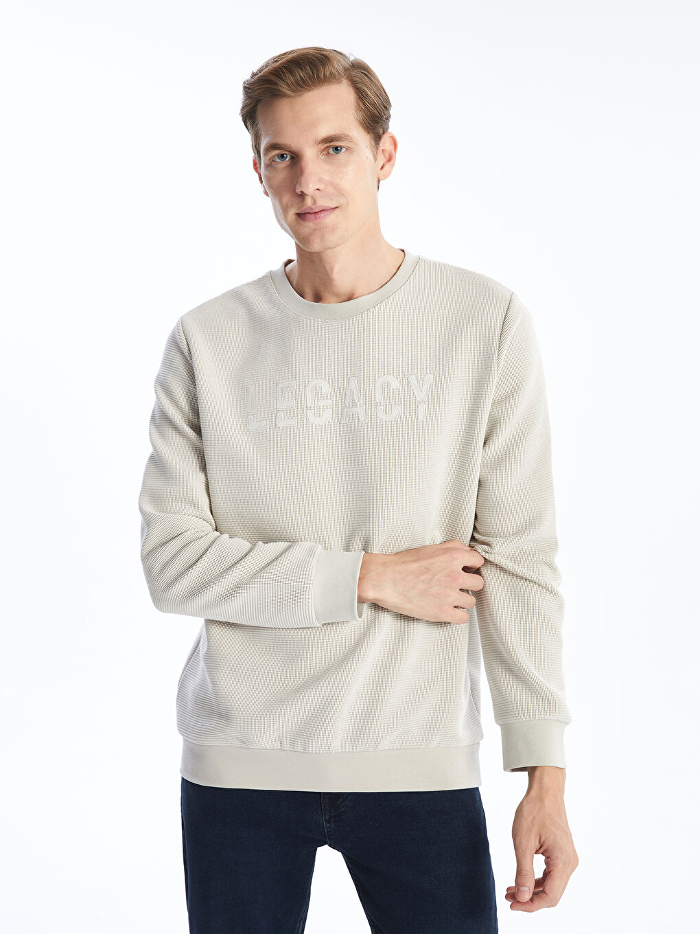 LCWAIKIKI Classic Taş Bisiklet Yaka Uzun Kollu Baskılı Erkek Sweatshirt