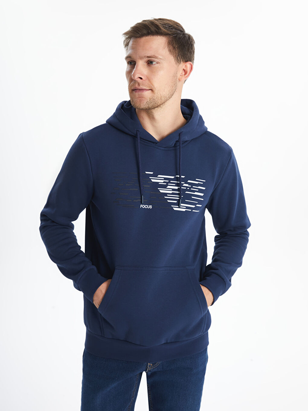 LCWAIKIKI Classic İndigo Uzun Kollu Baskılı Erkek Hoodie