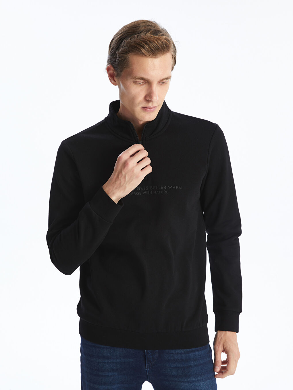 LCWAIKIKI Classic Yeni Siyah Dik Yaka Uzun Kollu Baskılı Erkek Sweatshirt