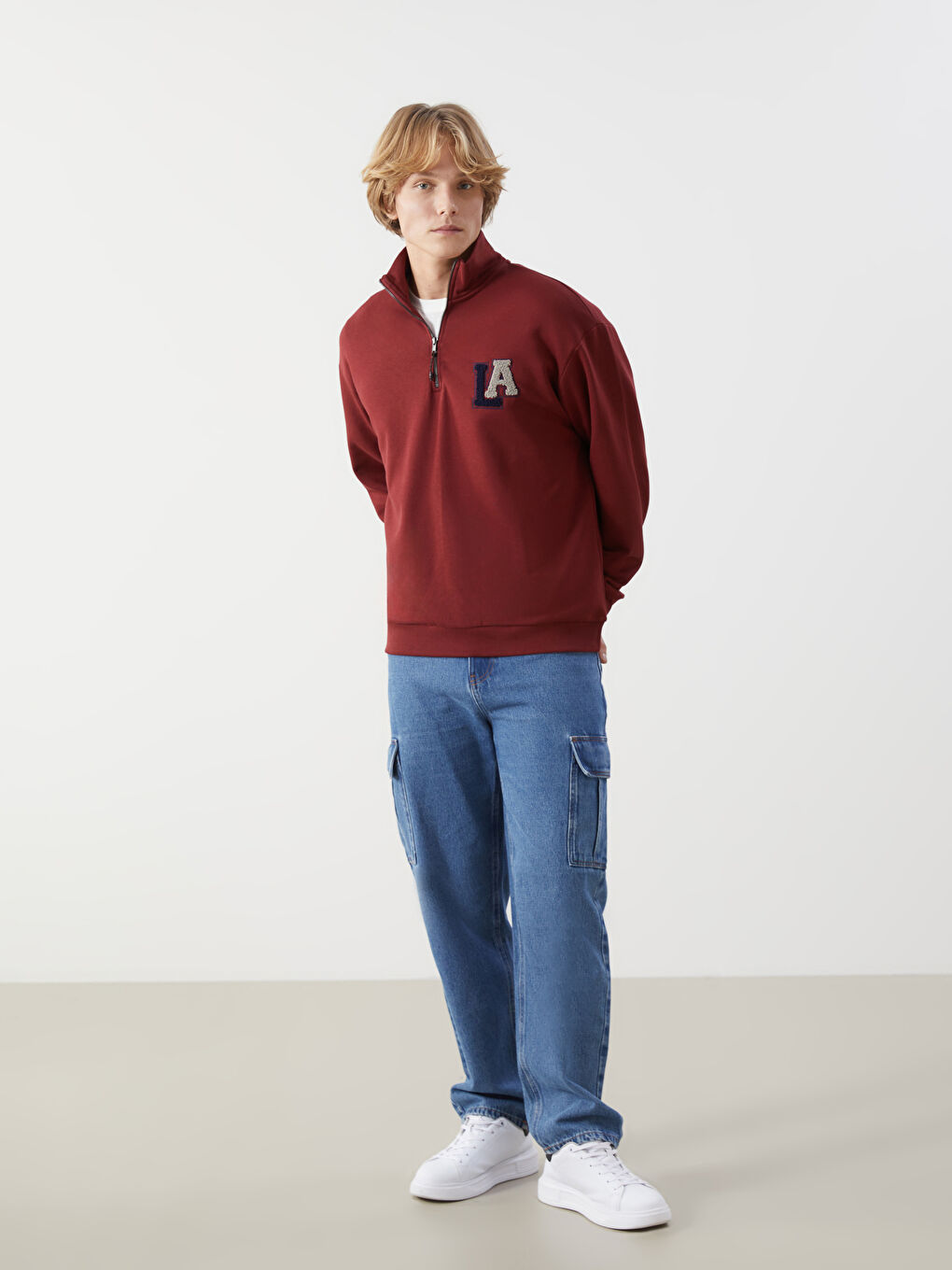 XSIDE Bordo Dik Yaka Uzun Kollu Nakışlı Erkek Sweatshirt - 1