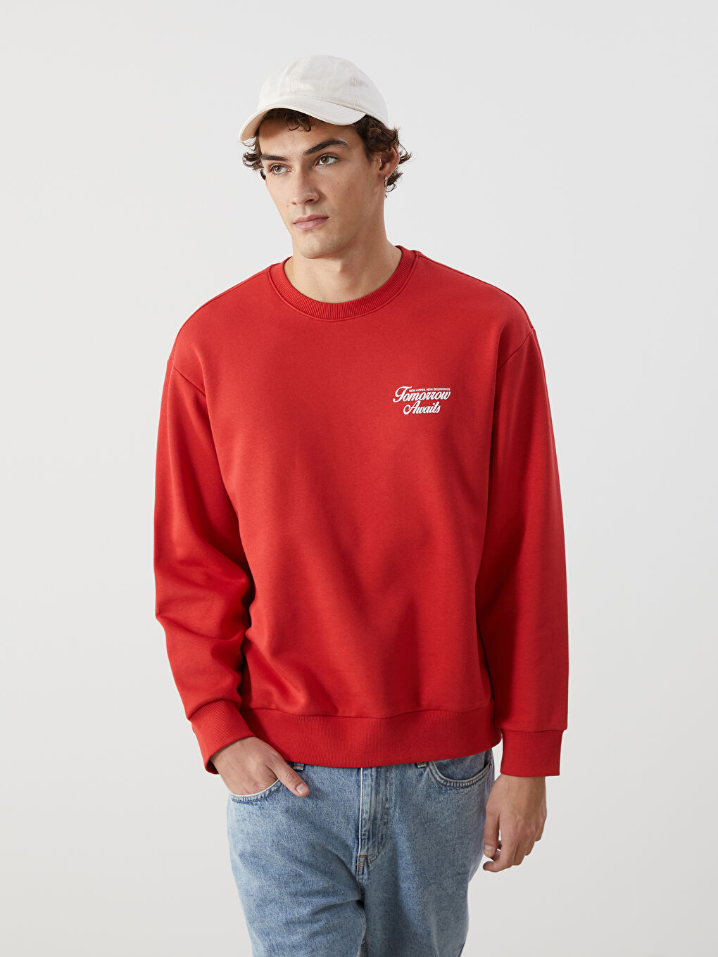 XSIDE Kırmızı Bisiklet Yaka Uzun Kollu Baskılı Erkek Kalın Sweatshirt