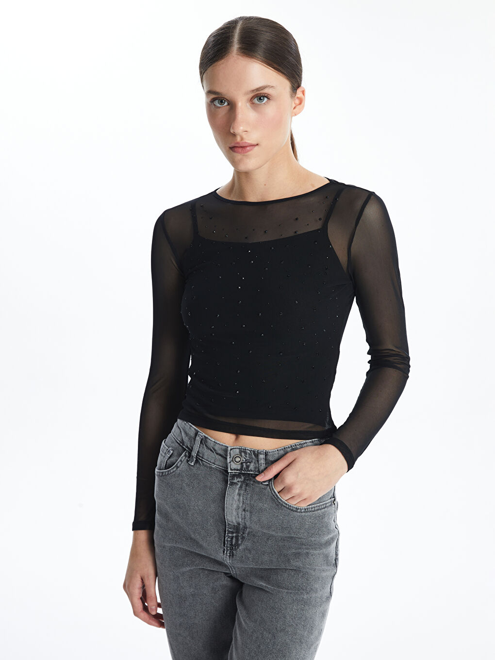 LCW Vision Crew Neck Rhinestone Embellished Women's Blouse -W4EC93Z8-CVL