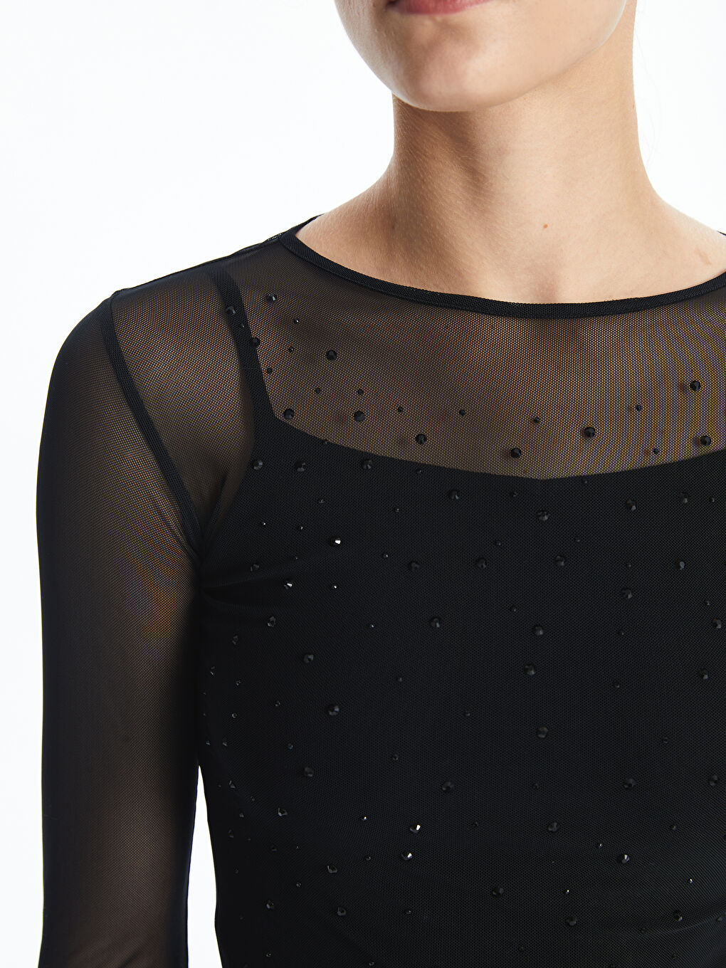 LCW Vision Crew Neck Rhinestone Embellished Women's Blouse -W4EC93Z8-CVL
