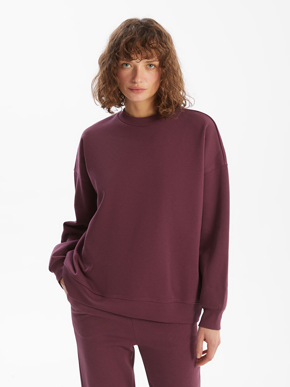 Mürdüm Bisiklet Yaka Oversize Kadın Kalın Sweatshirt