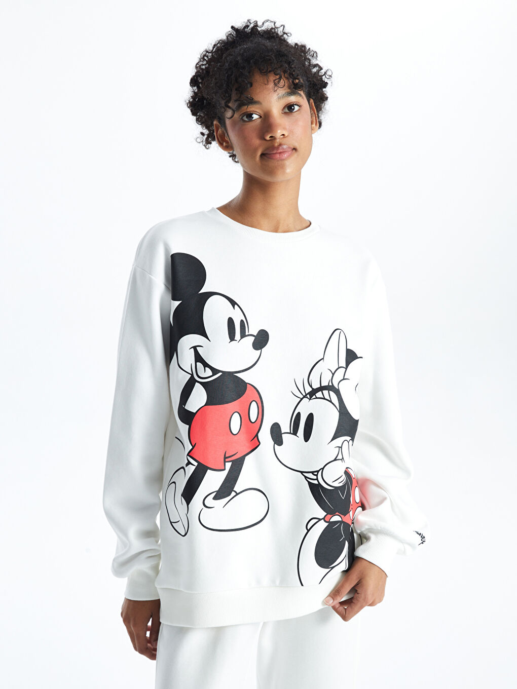 XSIDE Ekru Bisiklet Yaka Mickey ve Minnie Mouse Baskılı Oversize Kadın Kalın Sweatshirt