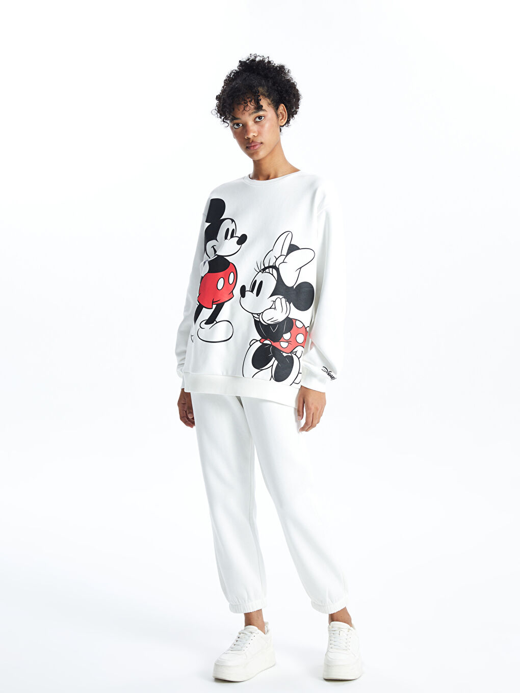 XSIDE Ekru Bisiklet Yaka Mickey ve Minnie Mouse Baskılı Oversize Kadın Kalın Sweatshirt - 1